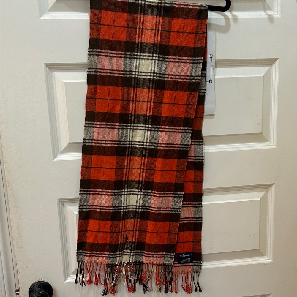 Ralph Lauren Plaid Orange and Brown Fringe Scarf